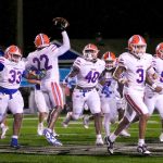 Gulfport's defense celebrates during the 35-0 shutout. (Photo by James Spain / 228 Sports Student Photographer)