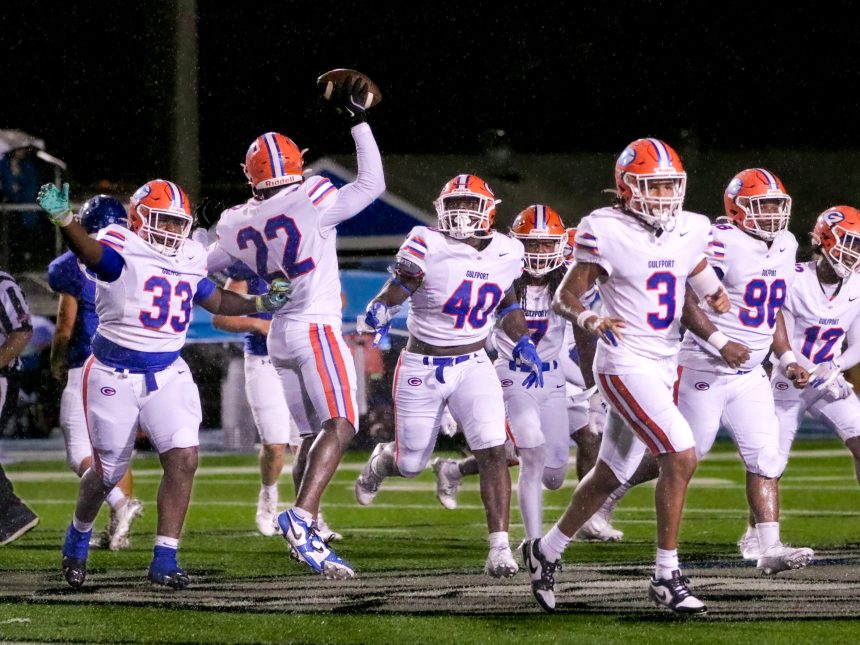 Gulfport's defense celebrates during the 35-0 shutout. (Photo by James Spain / 228 Sports Student Photographer)